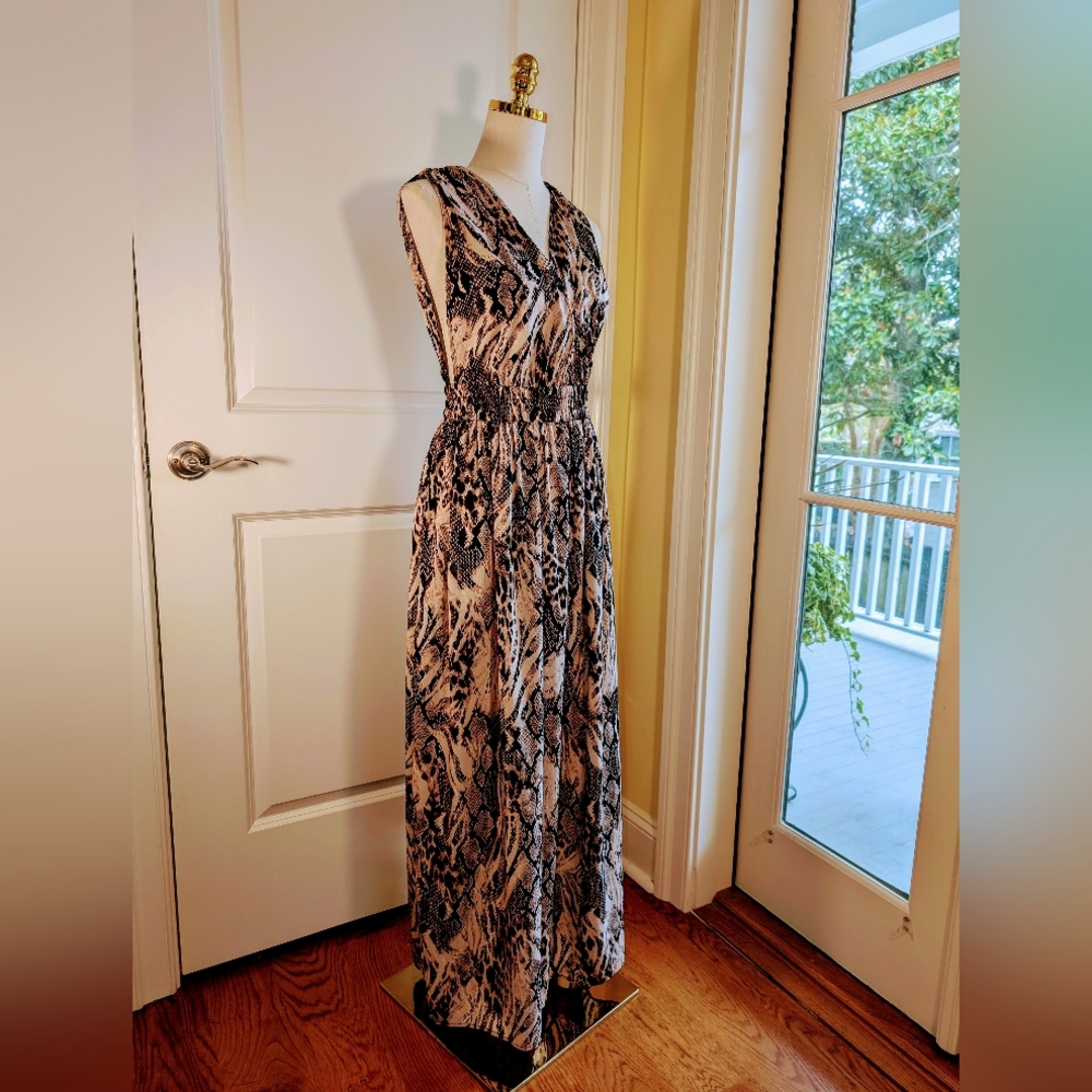 America & Beyond L Sheer Maxi Long Dress Abstract Animal Print NWOT